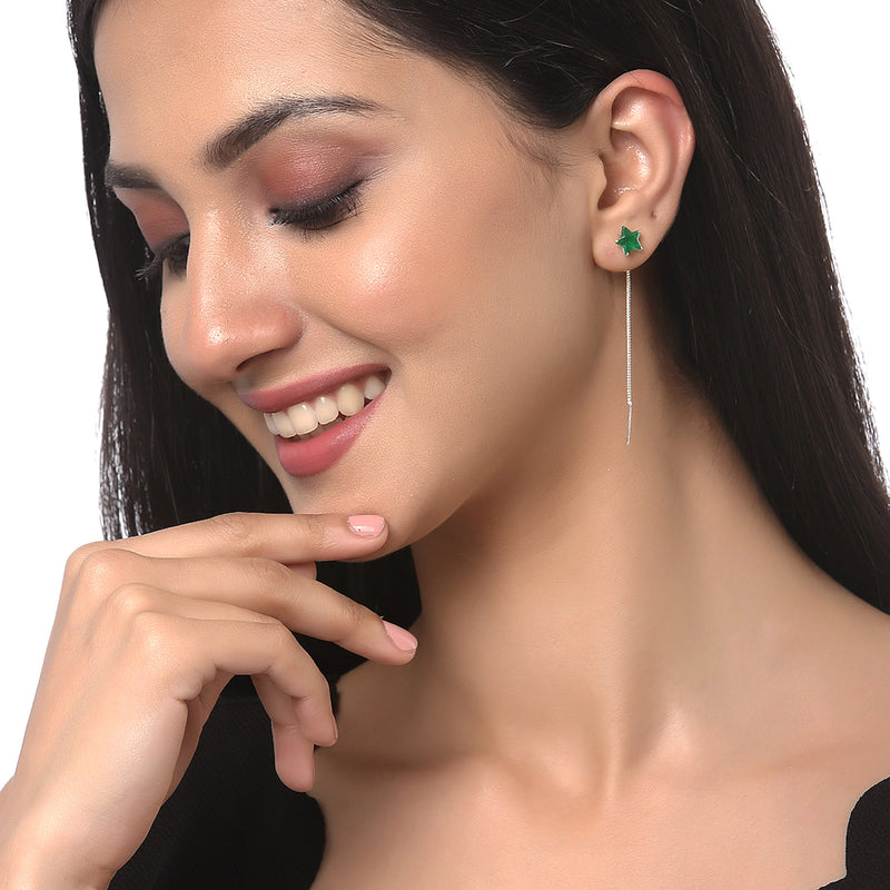 Rhodium-Plated Silver Toned Green American Diamond studded Needle Drop Earrings (Combo Of 4)