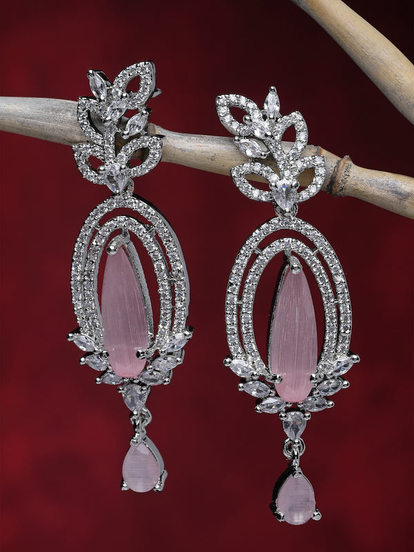 Rhodium-Plated Pink & White American Diamond studded Handcrafted Teardrop Shaped Drop Earrings