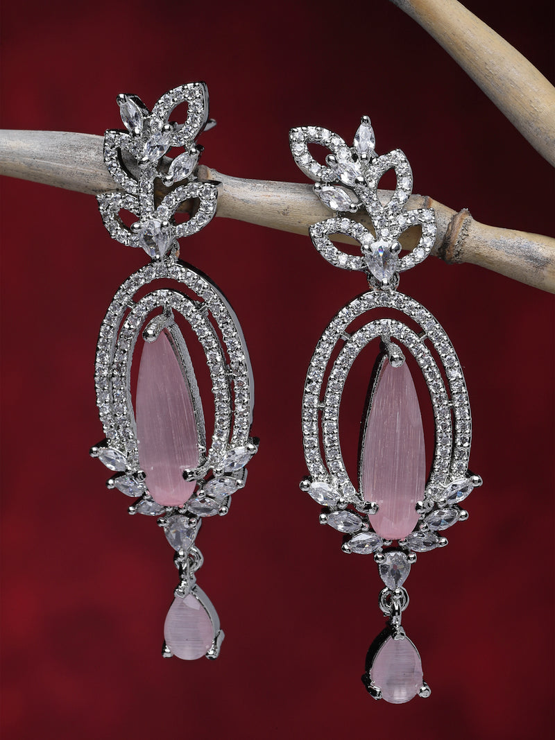 Rhodium-Plated Pink & White American Diamond studded Handcrafted Teardrop Shaped Drop Earrings