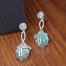 Rhodium-Plated Sea Green & White American Diamond studded Trardrop Shaped Drop Earrings
