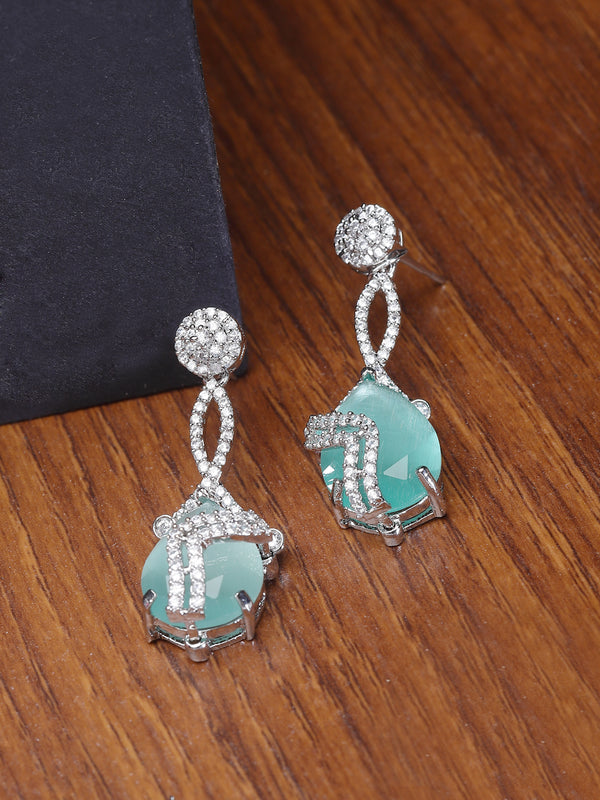 Rhodium-Plated Sea Green & White American Diamond studded Trardrop Shaped Drop Earrings