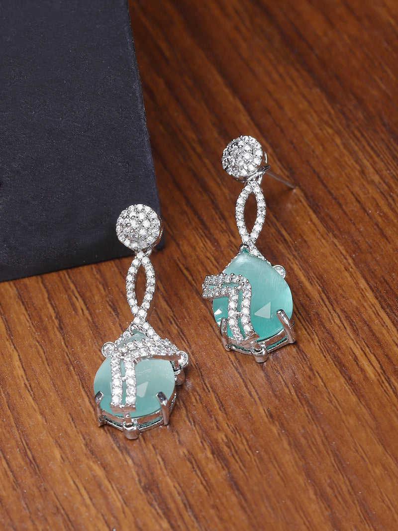 Rhodium-Plated Sea Green & White American Diamond studded Trardrop Shaped Drop Earrings