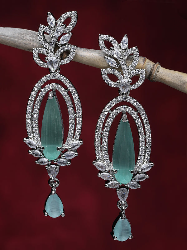 Rhodium-Plated Sea Green & White American Diamond studded Handcrafted Teardrop Shaped Drop Earrings