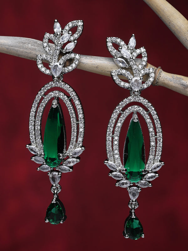 Rhodium-Plated Green & White American Diamond studded Handcrafted Teardrop Shaped Drop Earrings