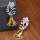 Rhodium-Plated Yellow & White American Diamond studded Floral Theme Drop Earrings