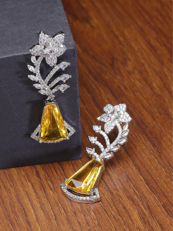 Rhodium-Plated Yellow & White American Diamond studded Floral Theme Drop Earrings