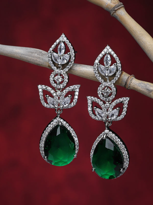 Rhodium-Plated Green American Diamond studded Teardrop & Leaf Shaped Drop Earrings