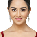 Rhodium-Plated Sea Green & White American Diamond studded Oval Shaped Drop Earrings