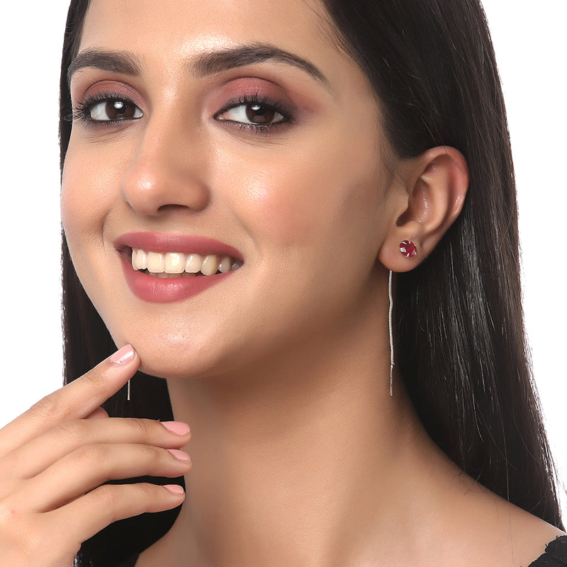 Rhodium-Plated Silver Toned Red American Diamond studded Needle Drop Earrings (Combo Of 4)