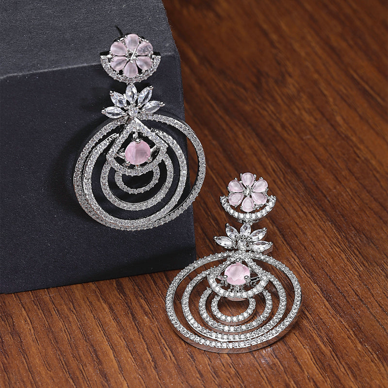 Rhodium-Plated Pink & White American Diamond studded Floral & Circular Layered Drop Earrings