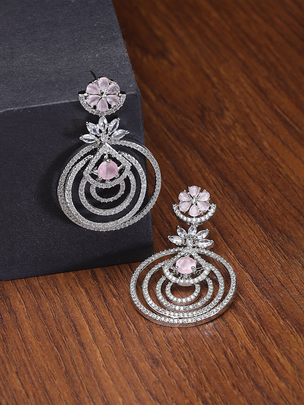 Rhodium-Plated Pink & White American Diamond studded Floral & Circular Layered Drop Earrings