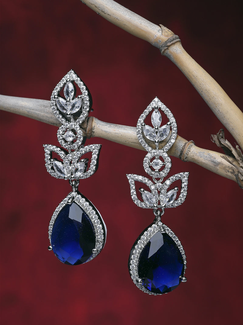 Rhodium-Plated Navy Blue American Diamond studded Teardrop & Leaf Shaped Drop Earrings