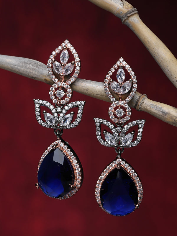 Rose Gold-Plated Gunmetal Toned Navy Blue American Diamond Teardrop & Leaf Shaped Drop Earrings