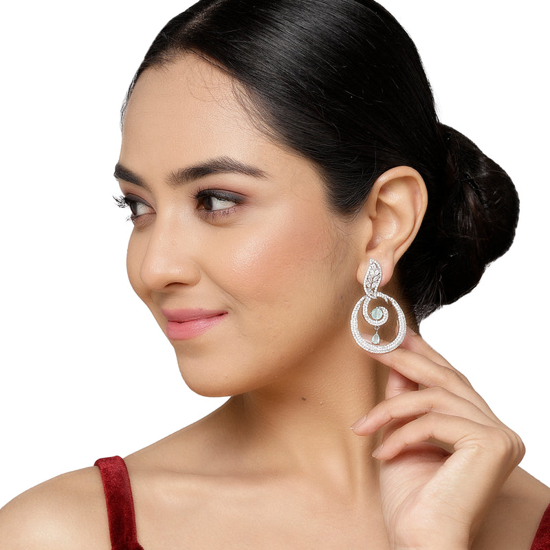 Rhodium-Plated Sea Green & White American Diamond studded Oval Shaped Drop Earrings