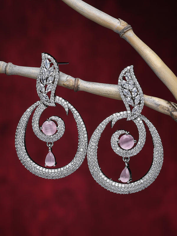 Rhodium-Plated Pink & White American Diamond studded Oval Shaped Drop Earrings