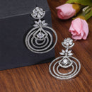 Rhodium-Plated White American Diamond studded Floral & Circular Layered Drop Earrings