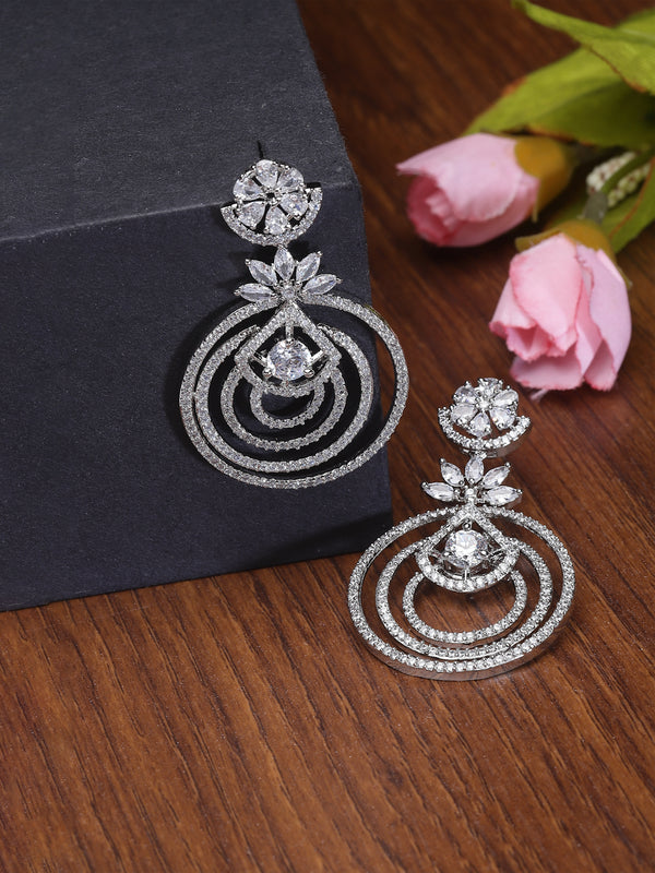Rhodium-Plated White American Diamond studded Floral & Circular Layered Drop Earrings