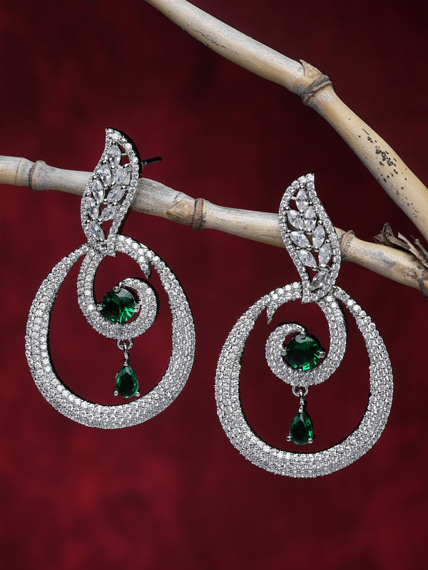 Rhodium-Plated Green & White American Diamond studded Oval Shaped Drop Earrings