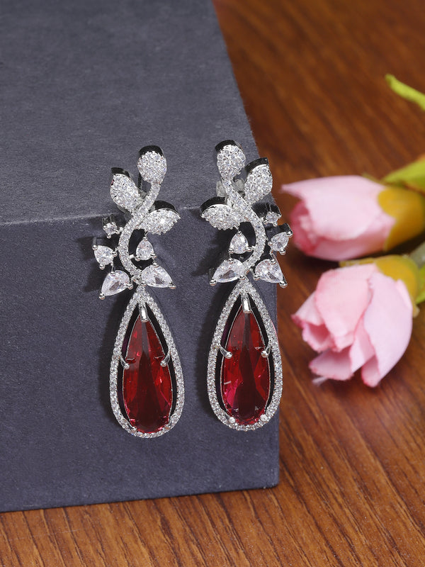 Rhodium-Plated Red American Diamond studded Teardrop & Leaf Shaped Drop Earrings