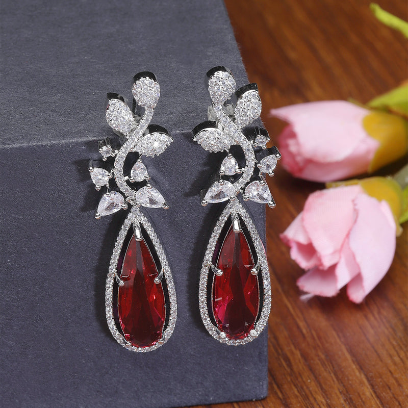 Rhodium-Plated Red American Diamond studded Teardrop & Leaf Shaped Drop Earrings