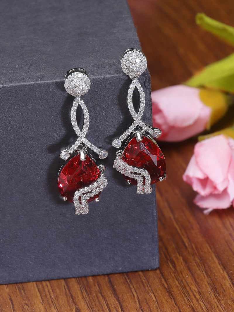 Rhodium-Plated Red & White American Diamond studded Trardrop Shaped Drop Earrings
