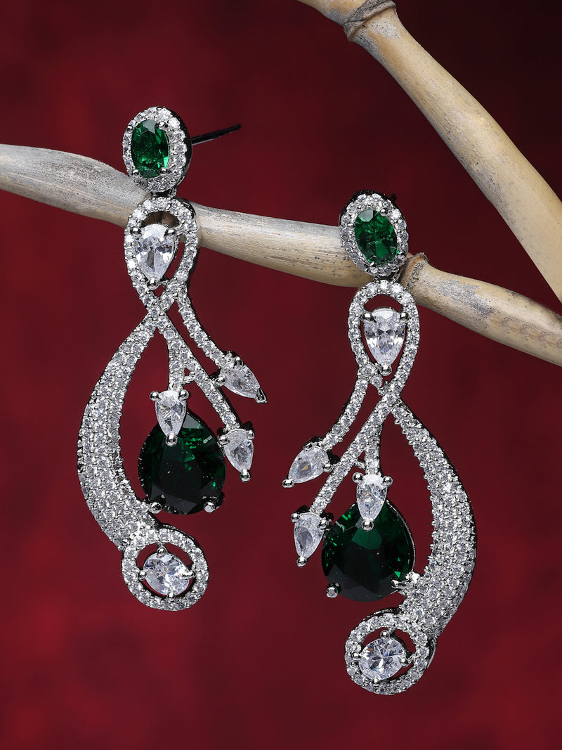 Rhodium-Plated Green American Diamond studded Quirky Shaped Drop Earrings