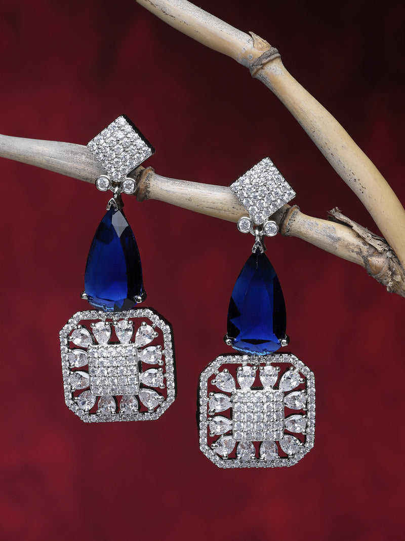 Rhodium-Plated Navy Blue & White American Diamond studded Square & Teardrop Drop Earrings