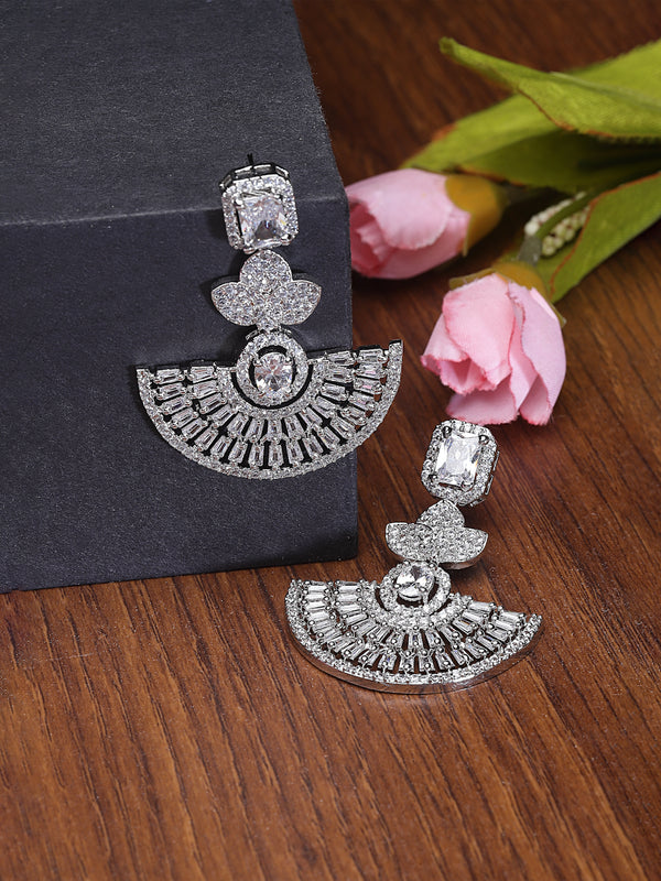 Rhodium-Plated White American Diamond studded Leaf Shaped Drop Earrings