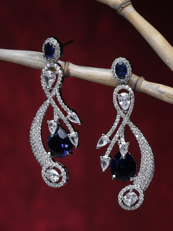 Rhodium-Plated Navy Blue American Diamond studded Quirky Shaped Drop Earrings