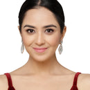 Rhodium-Plated Sea Green & White American Diamond studded Layered Drop Earrings