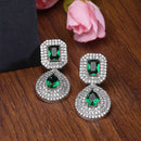 Rhodium Plated Square Green American Diamond Contemporary Drop Earrings