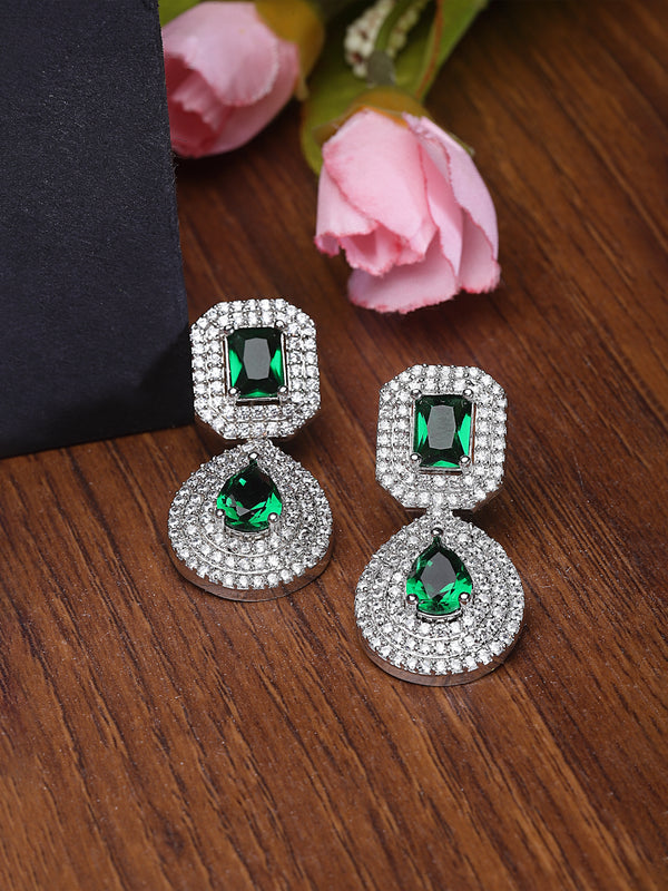 Rhodium-Plated Green & White American Diamond studded Square & Teardrop Shaped Drop Earrings