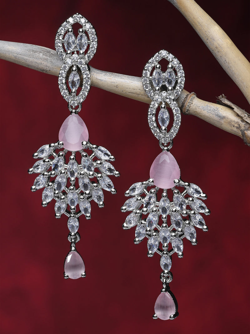 Rhodium-Plated Pink American Diamond studded Handcrafted Spiked Drop Earrings