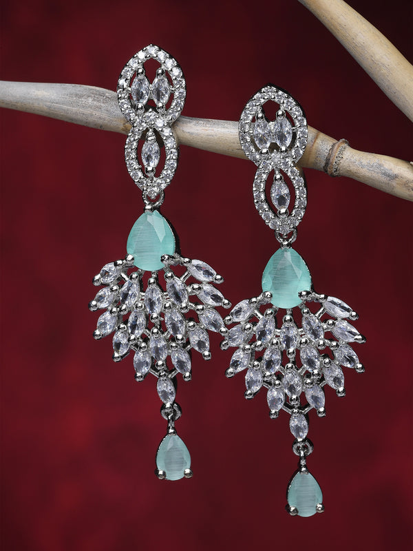 Rhodium-Plated Sea Green American Diamond studded Handcrafted Spiked Drop Earrings