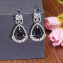 Rhodium-Plated Navy Blue American Diamond studded Teardrop & Leaf Shaped Drop Earrings