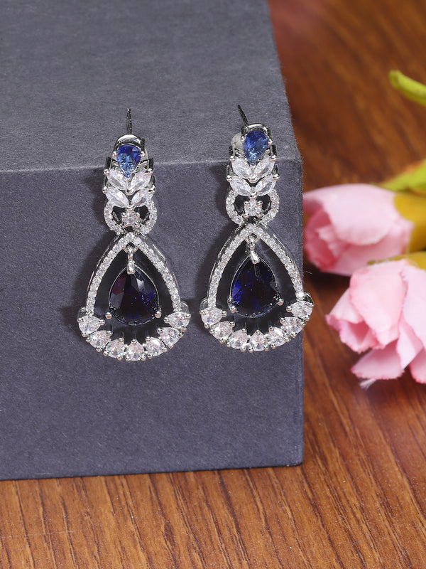 Rhodium-Plated Navy Blue American Diamond studded Teardrop & Leaf Shaped Drop Earrings