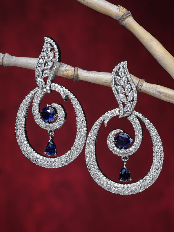 Rhodium-Plated Navy Blue & White American Diamond studded Oval Shaped Drop Earrings