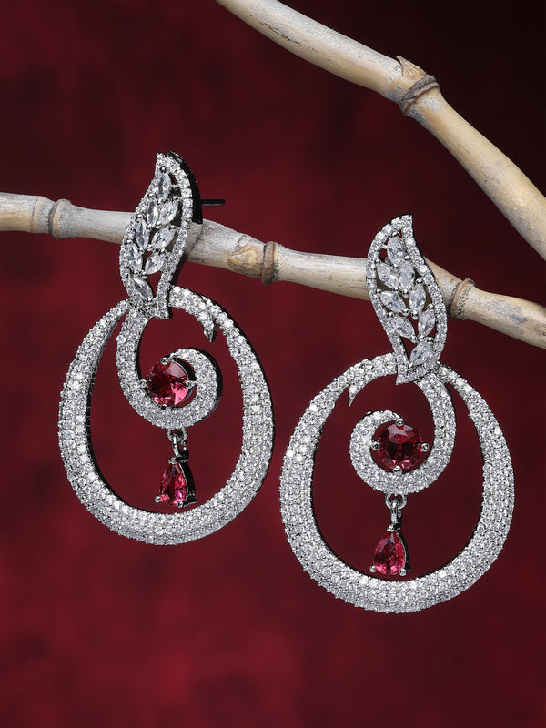 Rhodium-Plated Red & White American Diamond studded Oval Shaped Drop Earrings