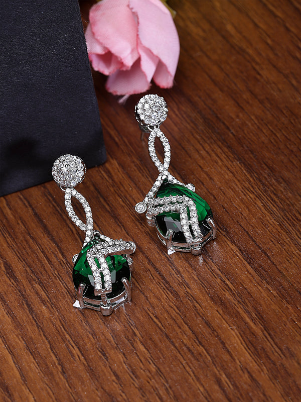 Rhodium-Plated Green & White American Diamond studded Trardrop Shaped Drop Earrings