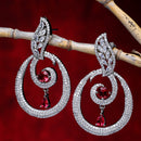 Rhodium-Plated Red & White American Diamond studded Oval Shaped Drop Earrings