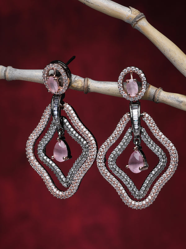 Rose Gold-Plated Gunmetal Toned Pink American Diamond studded Layered Drop Earrings