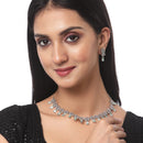 Rhodium-Plated Silver Toned Teardrop Sea Green American Diamond Studded Necklace Earrings Jewellery Set