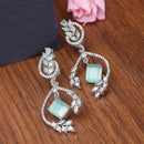 Rhodium-Plated Sea Green American Diamond studded Square & Leaf Shaped Drop Earrings