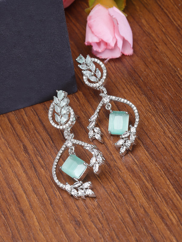 Rhodium-Plated Sea Green American Diamond studded Square & Leaf Shaped Drop Earrings