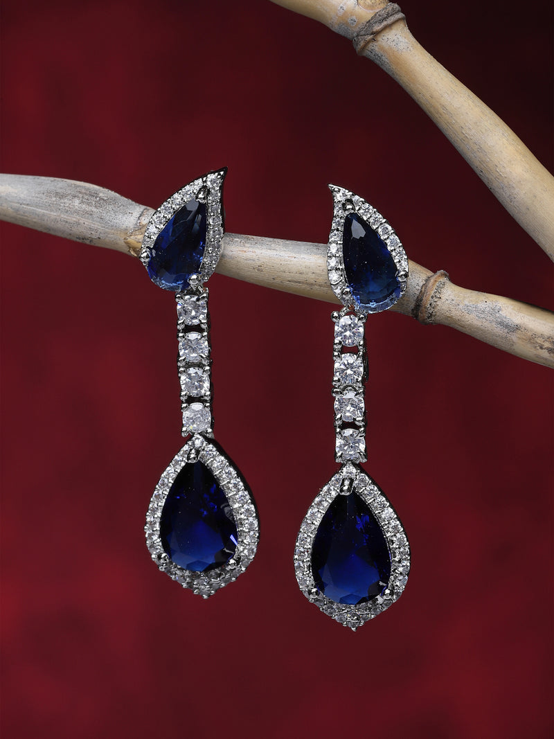 Rhodium-Plated Navy Blue & White American Diamond studded Teardrop Shaped Classic Drop Earrings