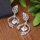 Rhodium-Plated White American Diamond studded Square & Leaf Shaped Drop Earrings