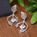 Rhodium Plated Leaf White AD Studded Contemporary Long Drop Earrings