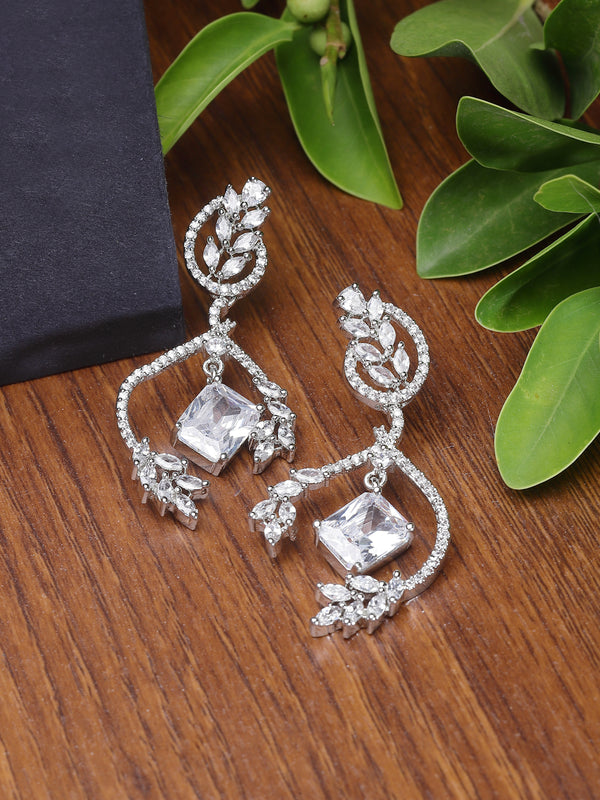Rhodium-Plated White American Diamond studded Square & Leaf Shaped Drop Earrings