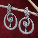 Rhodium-Plated Sea Green & White American Diamond studded Oval Shaped Drop Earrings