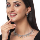 Rhodium-Plated Silver Toned Teardrop Sea Green American Diamond Studded Necklace Earrings Jewellery Set